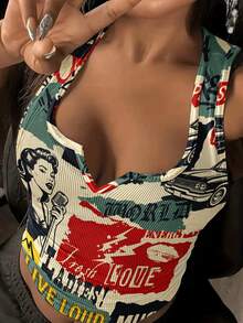 Slaydiva Plus Size Letter Figure Print Tight Camisole Casual 70's 90s Cowboy Streetwear Minimalist Style Summer Music Festival Beige Concert Vacation Office - White - View 3