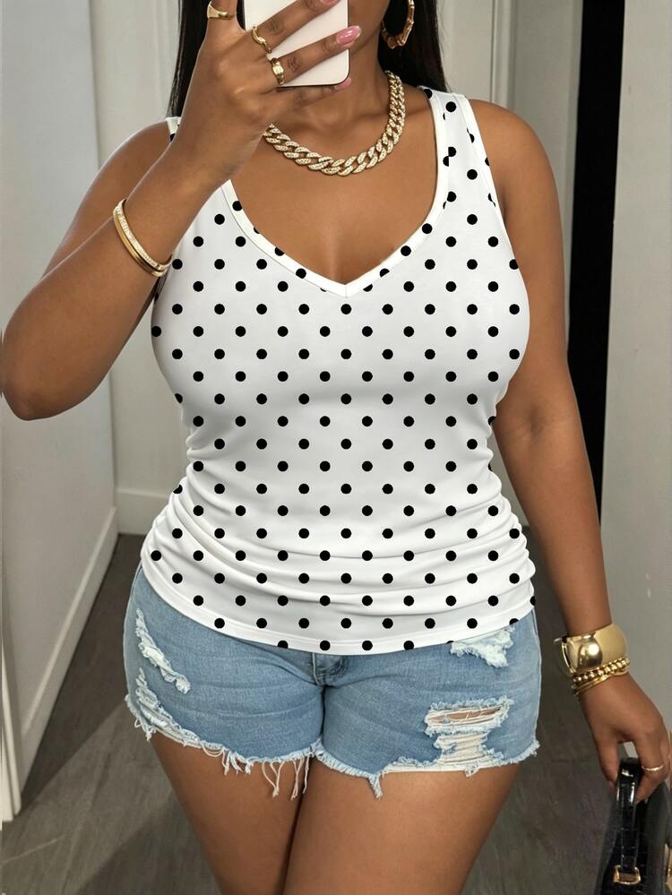 Slaydiva Casual Retro Polka Dot Print Plus Size Women Tank Top, Suitable For Summer, White Top, Music Festival, Y2K - Multicolor - View 6