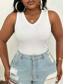 Slaydiva Women's Casual Ribbed Fabric Plus Size V-Neck Tank Top, Suitable For Summer, Music Festivals, Parties, Y2K - White - View 3