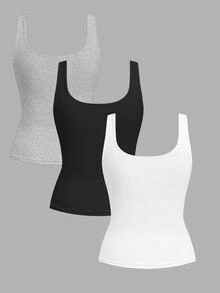 Slaydiva 3pcs Plus Size Solid Color Casual Tank Tops Holiday Pink Black White Summer - Multicolor - View 2