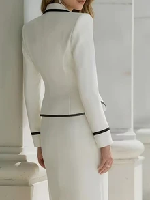 SHEIN 輕奢優雅飾邊收腰西裝外套與緊身迷你裙套裝，適合辦公通勤、宴會與晚宴 - 白色 - 查看 2