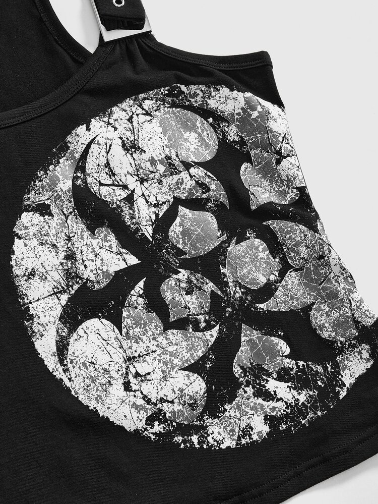 ROMWE Goth Women's Tank Top With Eyelet Punk Biohazard Symbol Dark Swamp Street Rock Style Belt Eyelets - Black - View 11