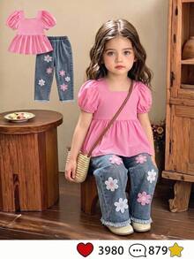 SHEIN Genkimix Kids 女童 2 件套休閒可愛黃色與白色格紋襯衫 T 恤，寬鬆版型，搭配復古中藍色牛仔水洗原邊錐形牛仔褲，飾有 3D 黃色花朵，柔軟舒適面料，街頭時尚百搭套裝 - 粉色 - 查看 2