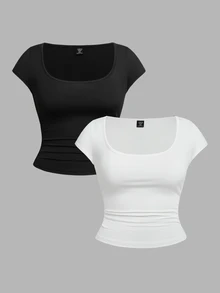 Slaydiva Plus Size Women Solid Color Square Neck Ruched Short Sleeve Top,Black And White,Summer,Smart Casual,Everyday Chic Zipper Body Tops For Ladies 2 PACK - Black and White - View 2