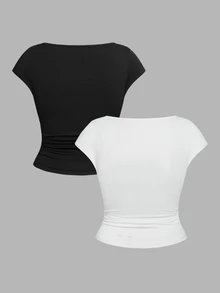 Slaydiva Plus Size Women Solid Color Square Neck Ruched Short Sleeve Top,Black And White,Summer,Smart Casual,Everyday Chic Zipper Body Tops For Ladies 2 PACK - Black and White - View 3