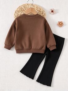 SHEIN Baby Girl Bow Decor Long Sleeve Sweatshirt And Elastic Waist Long Pants Set - Brown - View 6