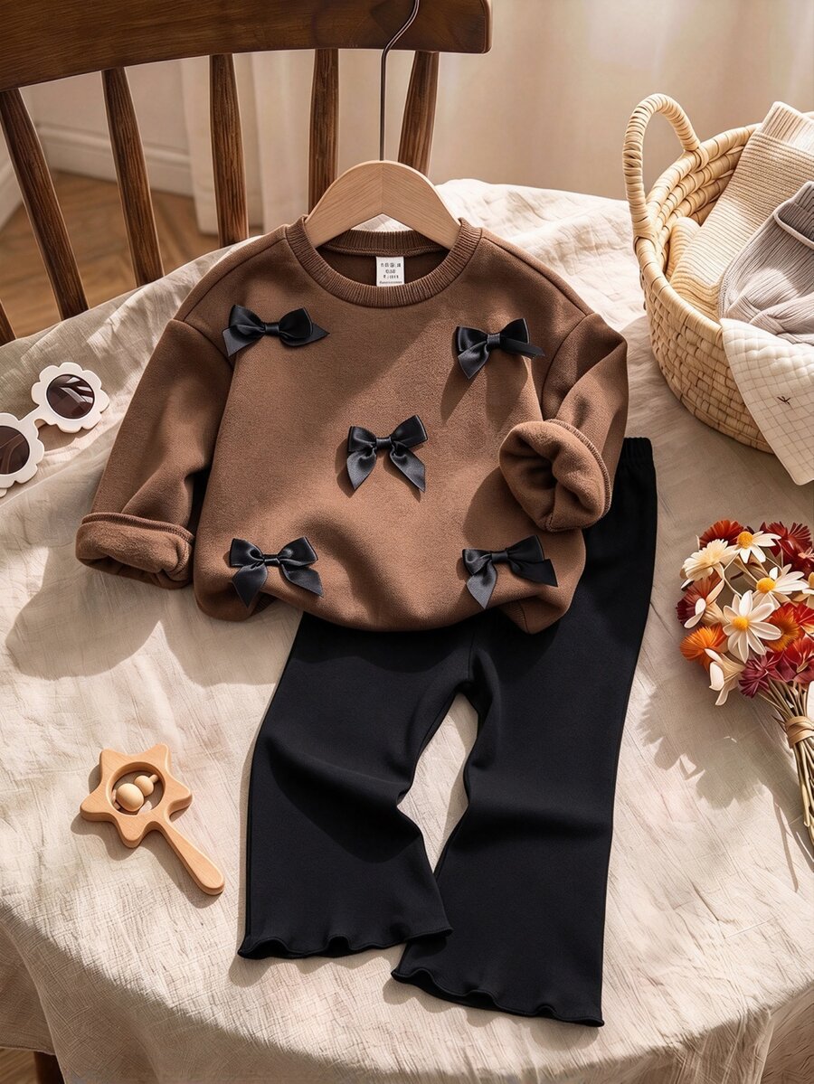 SHEIN Baby Girl Bow Decor Long Sleeve Sweatshirt And Elastic Waist Long Pants Set - Brown - View 1