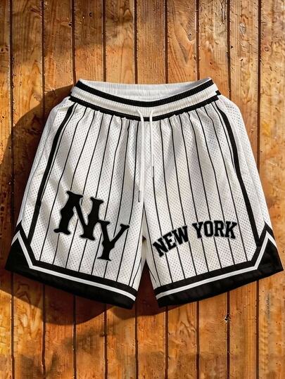 Aesthetic Post Pantalones cortos de baloncesto de malla con estampado NY a rayas negras y blancas para hombres, transpirables para verano, ropa de calle y gimnasio, perfectos para deportes, correr, uso casual y de fin de semana, fútbol