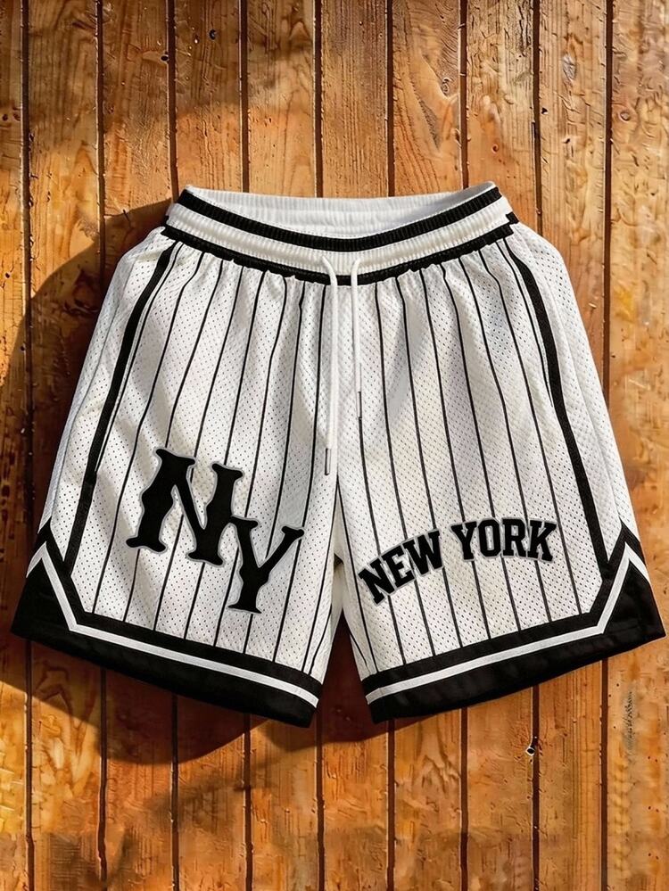 Aesthetic Post Men's NY Print Black And White Striped Mesh Basketball Shorts,Breathable Summer Streetwear Gym Shorts For Sports,Running,Casual & Weekend Wear,Soccer - Multicolor - View 1