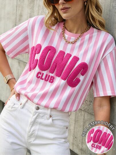 INAWLY Camiseta Bordada Talla Grande,Top para Mujer,Top para Mujer, Actual,Tops de Moda,Camiseta a Rayas,Top Rosa,Negocios,Yoga,Y2K,