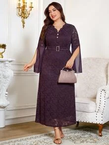 Reflora Plus Size Women's Elegant Lace Dress With Curved V-Neck, Slit And Long Sleeves Fall - Purple - View 7