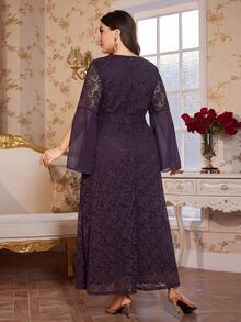 Reflora Plus Size Women's Elegant Lace Dress With Curved V-Neck, Slit And Long Sleeves Fall - Purple - View 4