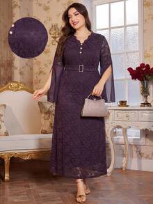Reflora Plus Size Women's Elegant Lace Dress With Curved V-Neck, Slit And Long Sleeves Fall - Purple - View 3