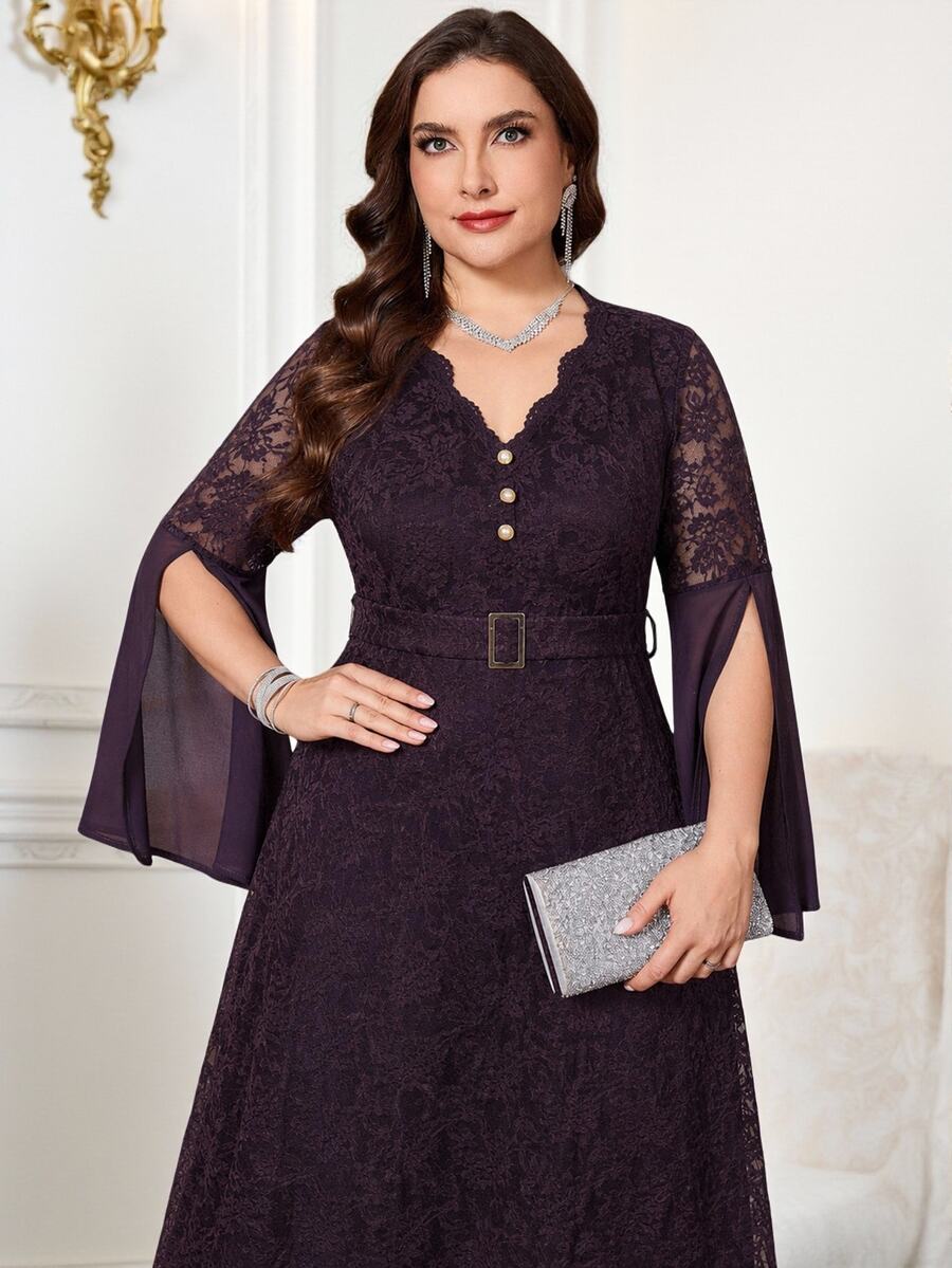 Reflora Plus Size Women's Elegant Lace Dress With Curved V-Neck, Slit And Long Sleeves Fall - Purple - View 1