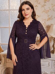 Reflora Plus Size Women's Elegant Lace Dress With Curved V-Neck, Slit And Long Sleeves Fall - Purple - View 5