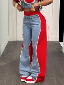 Slaydiva Plus Size Women's Colorblock Patchwork Waist Button Half-Placket Wide Leg Loose Design Jeans Y2k Casual Everyday & Streetwear Jeans For Women - Multicolor - View 6