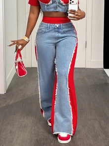 Slaydiva Plus Size Women's Colorblock Patchwork Waist Button Half-Placket Wide Leg Loose Design Jeans Y2k Casual Everyday & Streetwear Jeans For Women - Multicolor - View 5