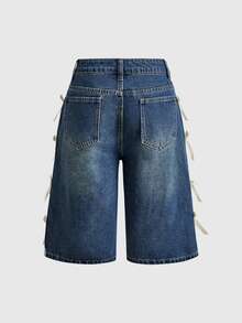 Sweetness Vintage Washed Low Waist Bermuda Denim Shorts With Satin Ribbon Bow Decor For Women - Dark Wash - View 9