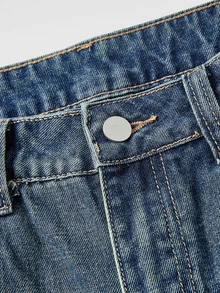 Sweetness Vintage Washed Low Waist Bermuda Denim Shorts With Satin Ribbon Bow Decor For Women - Dark Wash - View 11