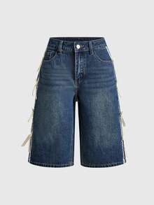 Sweetness Vintage Washed Low Waist Bermuda Denim Shorts With Satin Ribbon Bow Decor For Women - Dark Wash - View 12