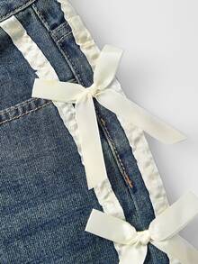 Sweetness Vintage Washed Low Waist Bermuda Denim Shorts With Satin Ribbon Bow Decor For Women - Dark Wash - View 10
