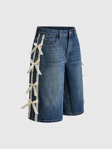 Sweetness Vintage Washed Low Waist Bermuda Denim Shorts With Satin Ribbon Bow Decor For Women - Dark Wash - View 8