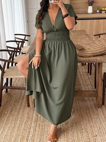 Weeklong Plus Size Solid Shirred Short Sleeve Shirred Slit Casual Long Dress BASICS Elegant - Green - View 3