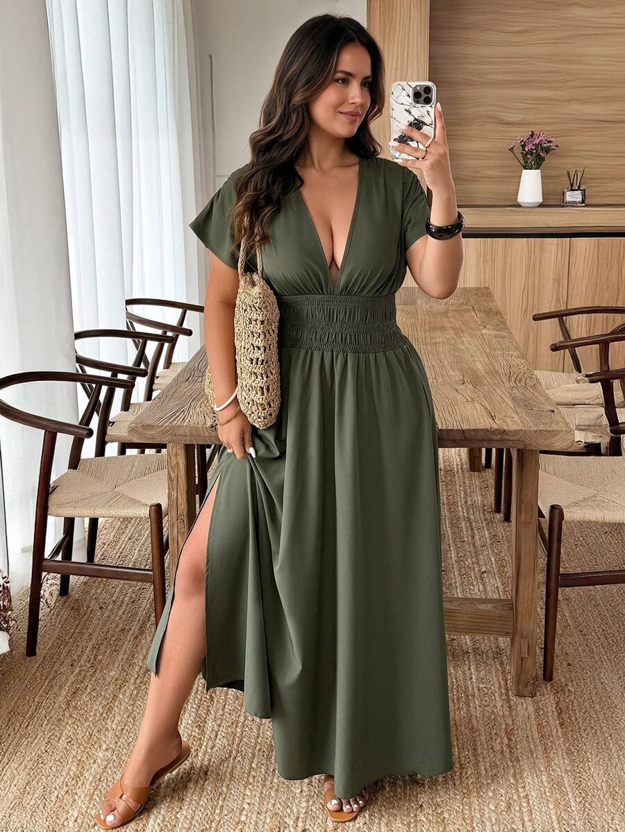 Weeklong Plus Size Solid Shirred Short Sleeve Shirred Slit Casual Long Dress BASICS Elegant - Green - View 1