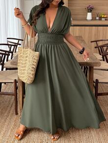 Weeklong Plus Size Solid Shirred Short Sleeve Shirred Slit Casual Long Dress BASICS Elegant - Green - View 4
