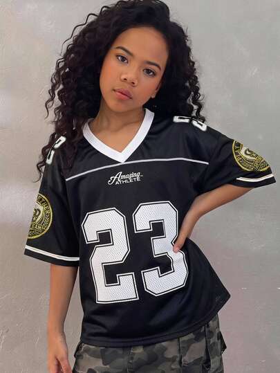 Mom & Tween Girls Matching Number Print Jersey, Oversized Black Sporty T-Shirt, Hip Hop Streetwear, Family Look,Summer