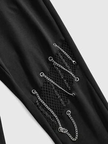 ROMWE Goth Women's Chain Decor Mesh Patchwork Casual Daily Fitted Leggings - Black - View 9