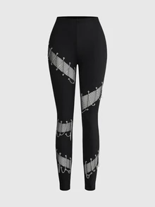 ROMWE Goth Women's Chain Decor Mesh Patchwork Casual Daily Fitted Leggings - Black - View 7