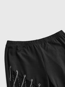 ROMWE Goth Women's Chain Decor Mesh Patchwork Casual Daily Fitted Leggings - Black - View 10