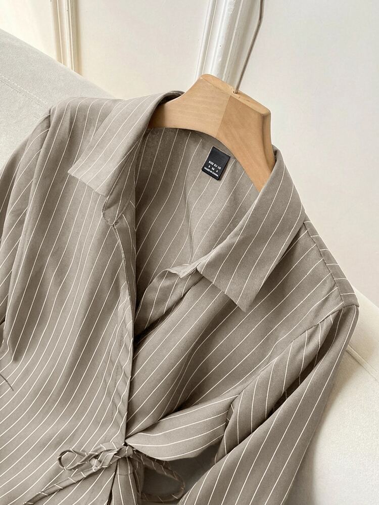 Modelyn Collared Tie-Front Long Sleeve Cinched Waist Striped Casual Shirt For Women - Khaki - View 2
