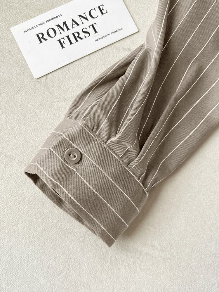 Modelyn Collared Tie-Front Long Sleeve Cinched Waist Striped Casual Shirt For Women - Khaki - View 5