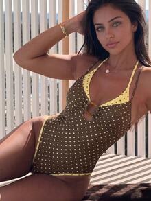 SHEIN Swim Women's Brown And Yellow Polka Dot 2 In 1 Design One-Piece Swimsuit,80s Halter Backless Swimwear For Beach Vacation,Summer,Holiday,Holiday - Multicolor - View 1