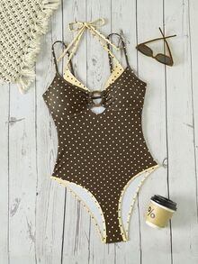 SHEIN Swim Women's Brown And Yellow Polka Dot 2 In 1 Design One-Piece Swimsuit,80s Halter Backless Swimwear For Beach Vacation,Summer,Holiday,Holiday - Multicolor - View 5