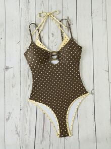 SHEIN Swim Women's Brown And Yellow Polka Dot 2 In 1 Design One-Piece Swimsuit,80s Halter Backless Swimwear For Beach Vacation,Summer,Holiday,Holiday - Multicolor - View 3