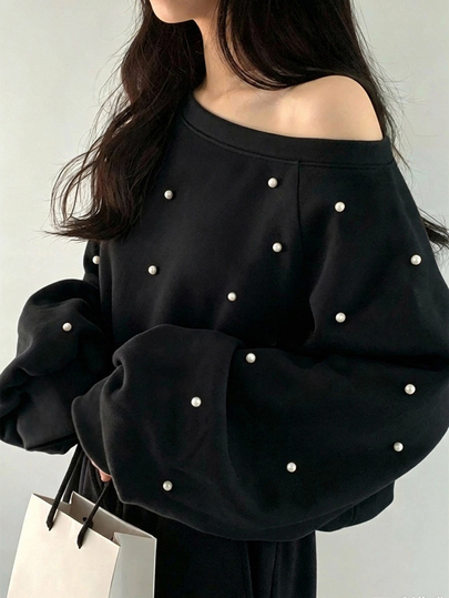 FRIFUL Women's Early Autumn New Korean Style Beaded Decor Asymmetric Neck Asymmetrical Loose Sweatshirt Cute Tops