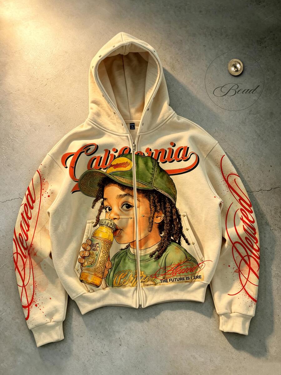 ROMWE MEN 2026 New Men's Character Print Vintage Casual Hoodie - Apricot - View 1