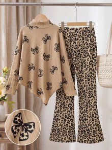 SHEIN Tween Girls Khaki Leopard Print Bowknot Faux Collar Asymmetric Top And Leopard Print Flare Pants 2 Pieces Set, Autumn Fashion - White - View 2