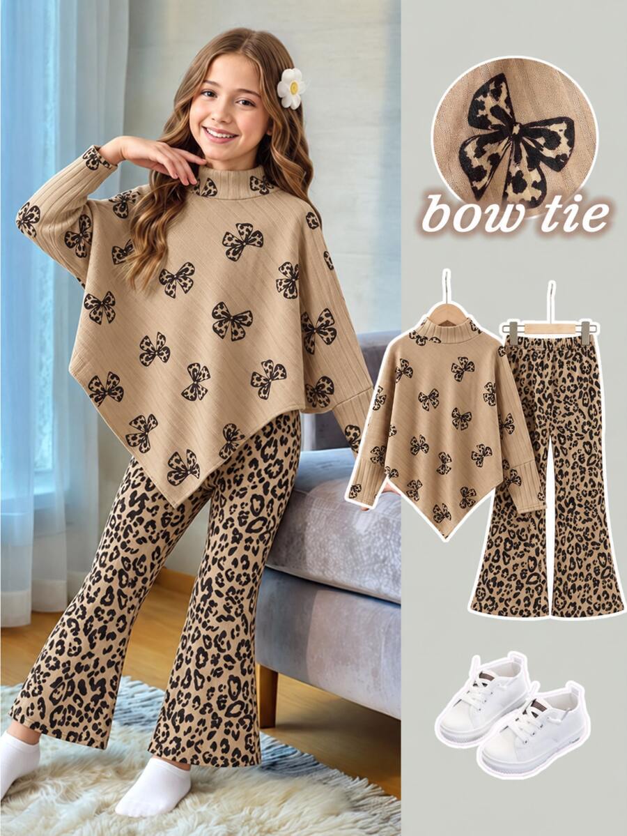 SHEIN Tween Girls Khaki Leopard Print Bowknot Faux Collar Asymmetric Top And Leopard Print Flare Pants 2 Pieces Set, Autumn Fashion - White - View 1