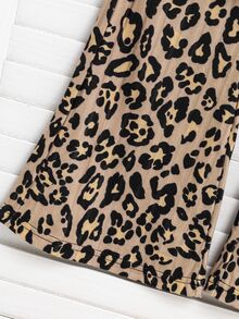 SHEIN Tween Girls Khaki Leopard Print Bowknot Faux Collar Asymmetric Top And Leopard Print Flare Pants 2 Pieces Set, Autumn Fashion - White - View 5