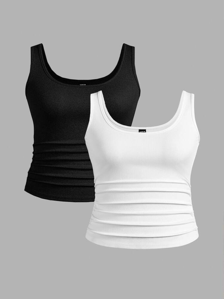 Slaydiva 2pack /Set Black + White Casual Basic Racerback Sleeveless Deep V-Neck Ribbed Tank Tops For Women - Black and White - View 2