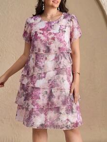 Reflora Plus Size Women Floral Print Layered Hem Fashionable Round Neck Dress - Multicolor - View 6