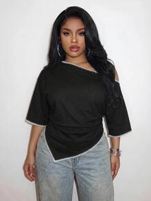 Slaydiva Plus Size Women's Colorblock Asymmetrical Shoulder Casual Versatile Daily Wear T-Shirt - Multicolor - View 6