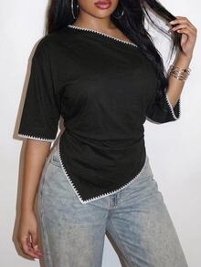 Slaydiva Plus Size Women's Colorblock Asymmetrical Shoulder Casual Versatile Daily Wear T-Shirt - Multicolor - View 8