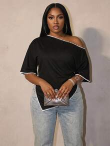 Slaydiva Plus Size Women's Colorblock Asymmetrical Shoulder Casual Versatile Daily Wear T-Shirt - Multicolor - View 1