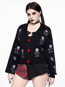 ROMWE Hippie Plus Size Women's Long Sleeve Skull Embroidered Knit Cardigan - Black - View 4