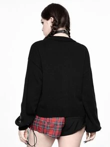 ROMWE Hippie Plus Size Women's Long Sleeve Skull Embroidered Knit Cardigan - Black - View 3